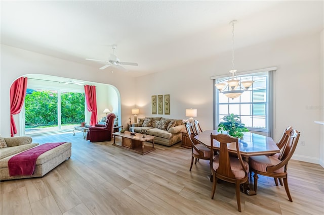 dining room featuring ceiling fan and light hardwood / wood-style flooring