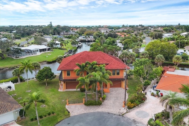 drone / aerial view featuring a water view