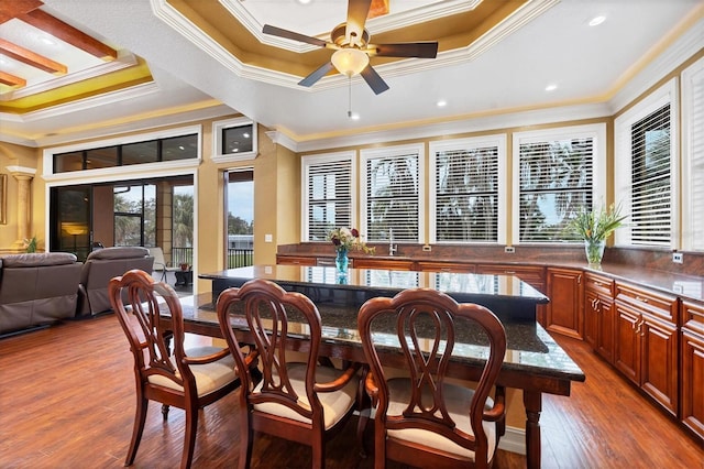 bar with a raised ceiling, dark hardwood / wood-style flooring, and ornamental molding