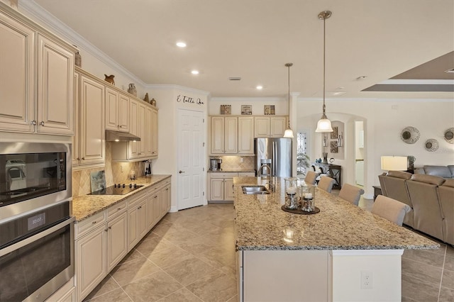 kitchen with sink, hanging light fixtures, an island with sink, appliances with stainless steel finishes, and tasteful backsplash