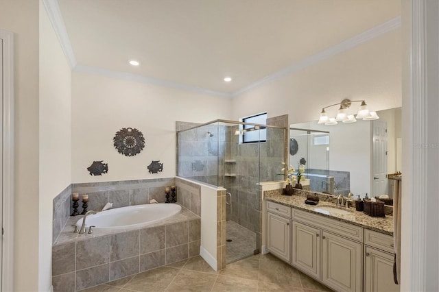 bathroom with tile patterned flooring, vanity, independent shower and bath, and ornamental molding