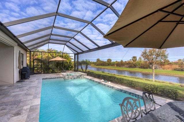 view of swimming pool with a water view, a lanai, an in ground hot tub, a grill, and a patio