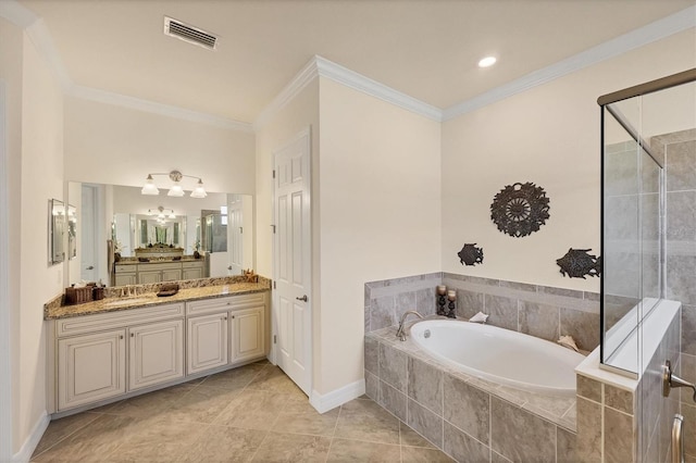 bathroom with independent shower and bath, vanity, tile patterned floors, and ornamental molding