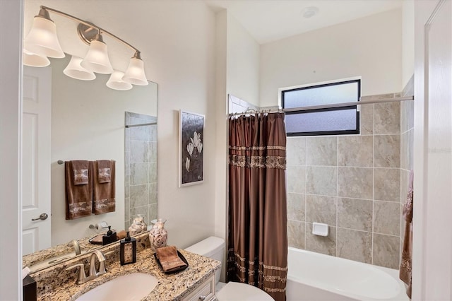 full bathroom with toilet, vanity, and shower / tub combo with curtain