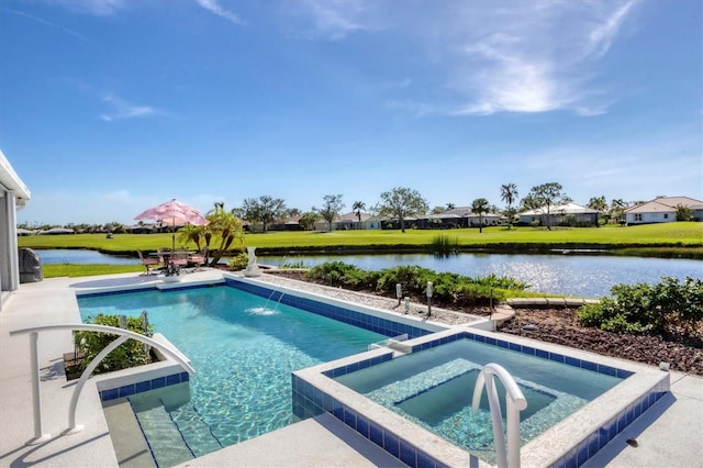 view of swimming pool featuring a water view and an in ground hot tub