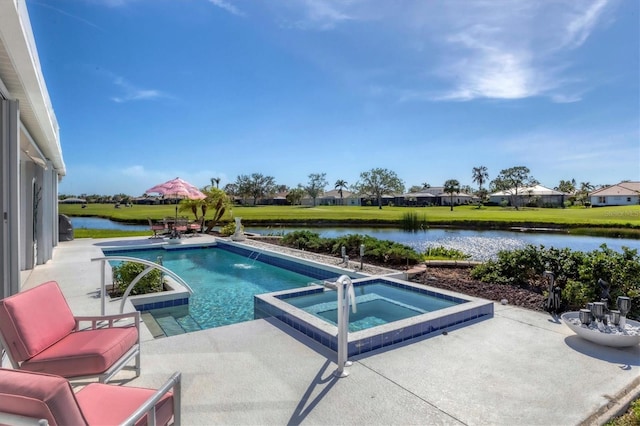 view of pool with a water view, an in ground hot tub, and a patio