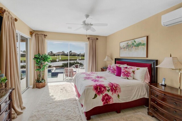 tiled bedroom with access to outside, ceiling fan, and a wall unit AC