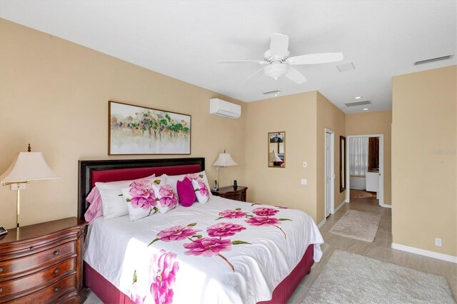 bedroom featuring a wall unit AC and ceiling fan