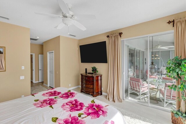 bedroom with access to outside, ceiling fan, and light tile patterned floors