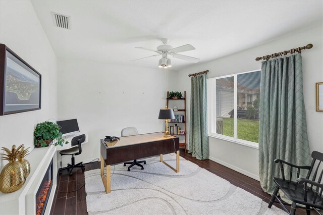 office featuring ceiling fan and dark wood-type flooring