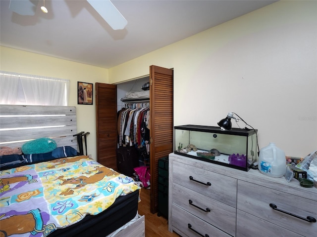 bedroom with ceiling fan, a closet, and dark wood-type flooring