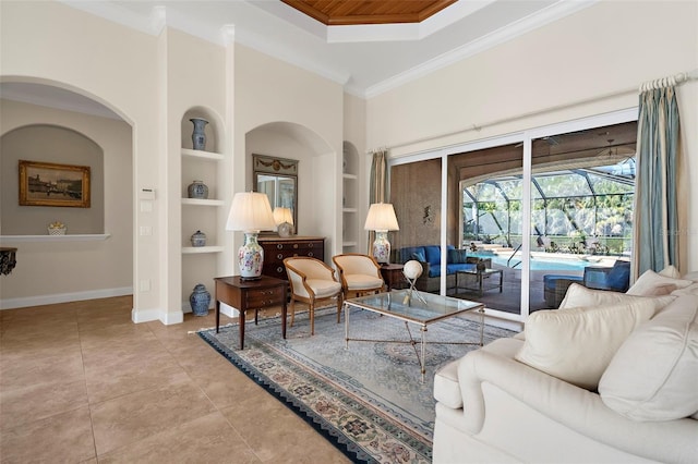 tiled living room featuring built in shelves and ornamental molding