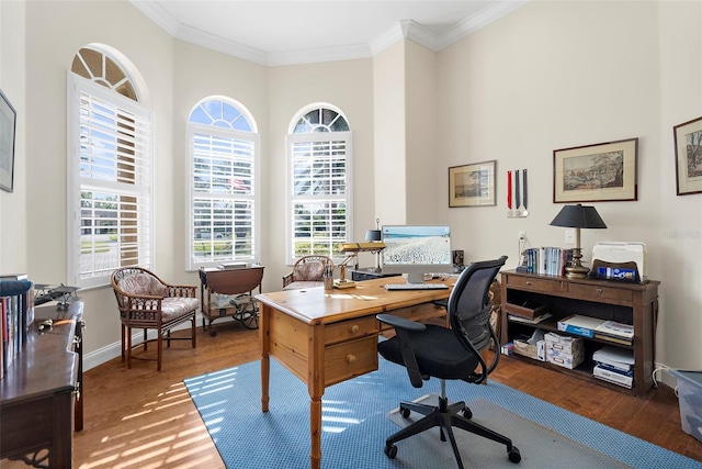 home office featuring wood-type flooring and ornamental molding