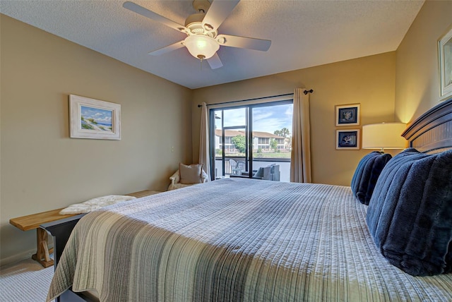 bedroom featuring ceiling fan, a textured ceiling, and access to outside