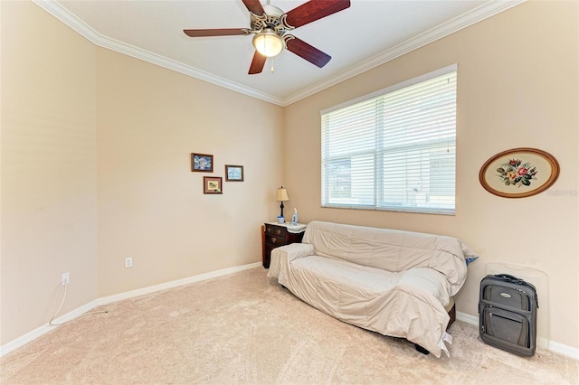 bedroom featuring light carpet, ceiling fan, and ornamental molding