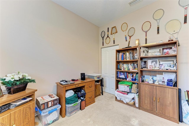 home office featuring light colored carpet