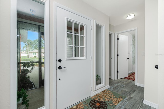 doorway with hardwood / wood-style floors