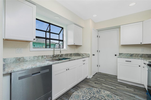 kitchen with dark wood-type flooring, dishwasher, sink, and white cabinets