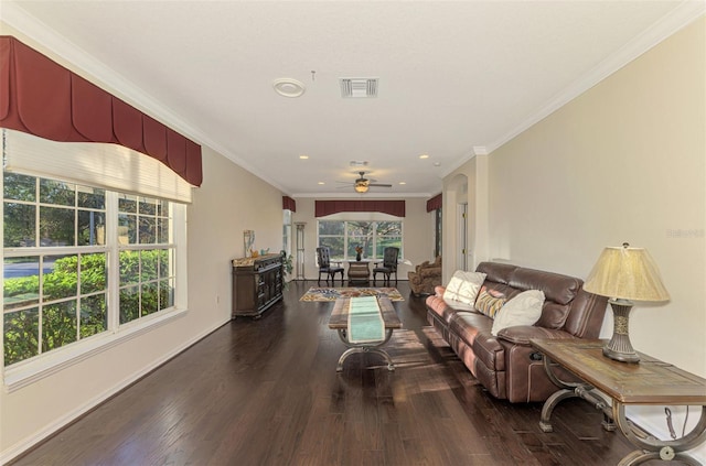 living room featuring ceiling fan, a healthy amount of sunlight, dark hardwood / wood-style flooring, and crown molding