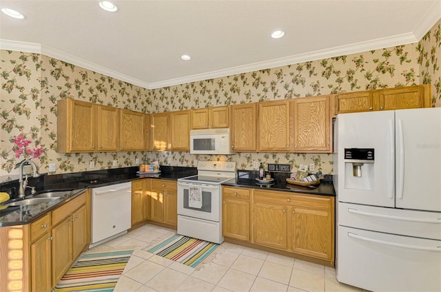 kitchen featuring light tile patterned floors, white appliances, ornamental molding, and sink