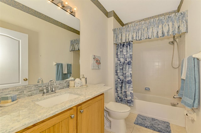 full bathroom with shower / tub combo, tasteful backsplash, tile patterned floors, vanity, and toilet