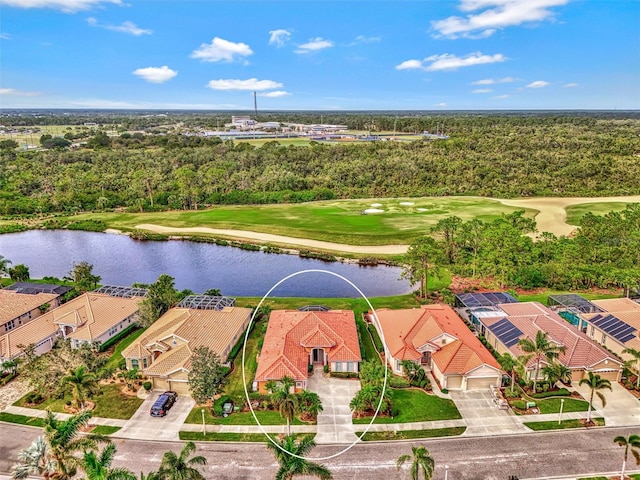 aerial view featuring a water view