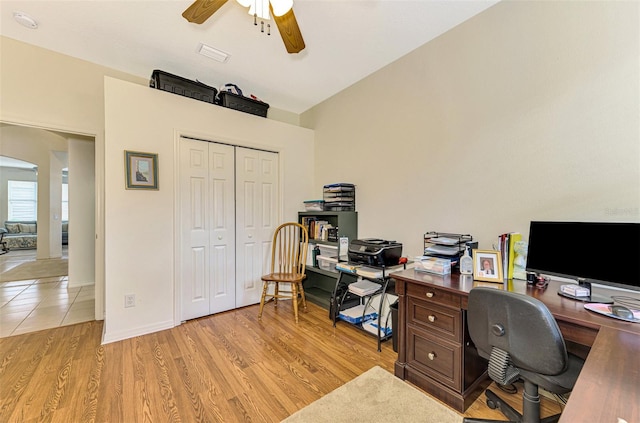 office area featuring ceiling fan and light hardwood / wood-style floors