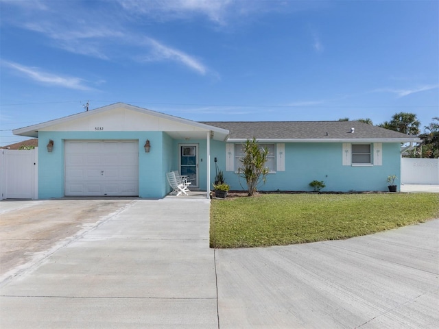 ranch-style house with a front lawn and a garage