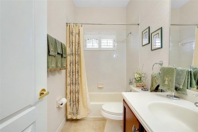 full bathroom with tile patterned flooring, vanity, toilet, and shower / tub combo with curtain