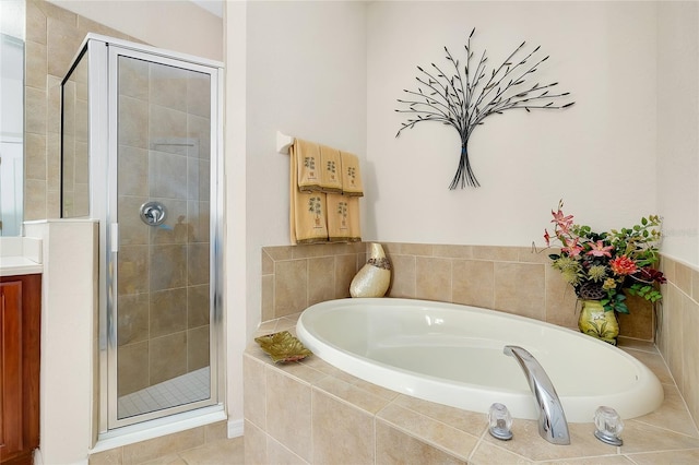 bathroom featuring tile patterned flooring and plus walk in shower