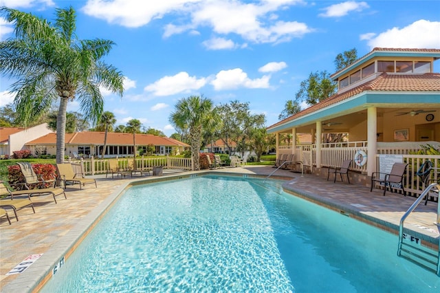 view of swimming pool featuring a patio area and ceiling fan