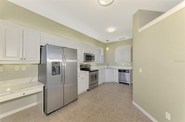 kitchen with sink, light tile patterned floors, white cabinets, and appliances with stainless steel finishes