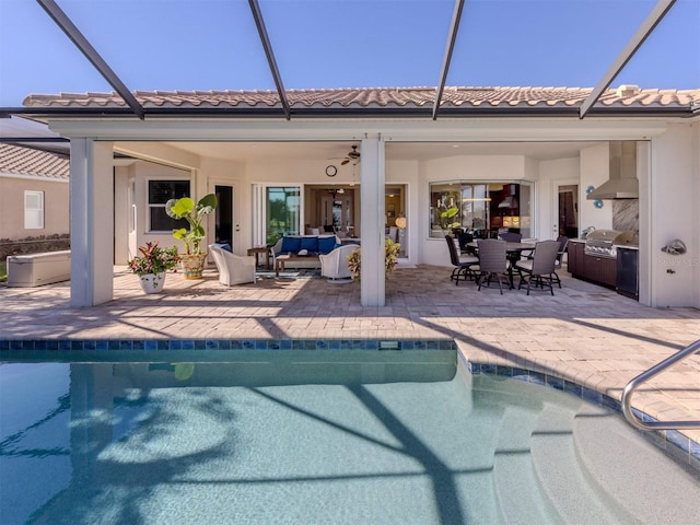 view of pool featuring an outdoor living space, a patio area, a lanai, and a grill