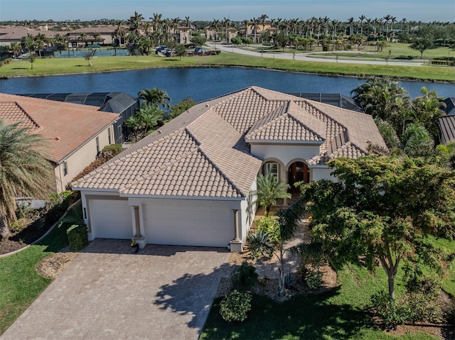 drone / aerial view with a water view