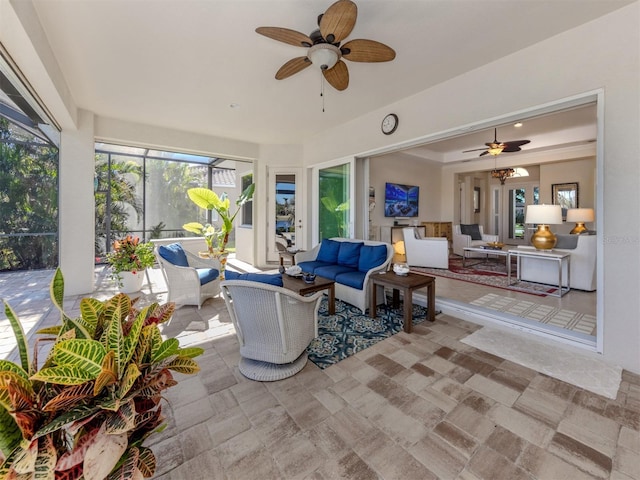 interior space featuring ceiling fan