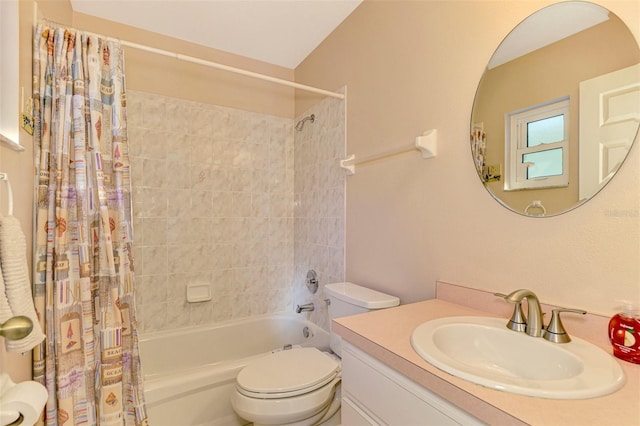 full bathroom with vanity, toilet, and shower / bathtub combination with curtain