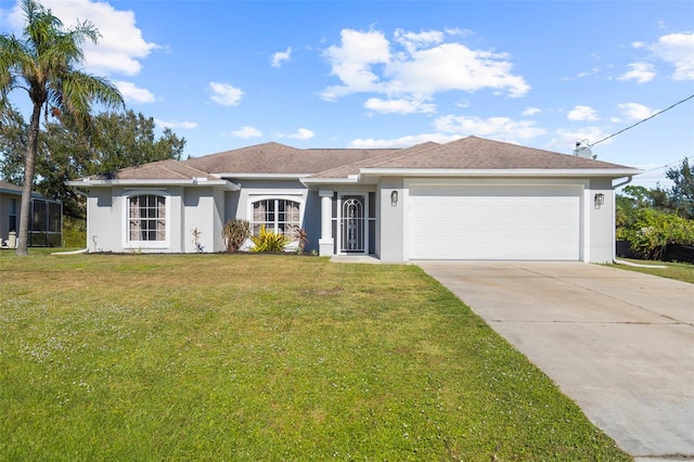 ranch-style home featuring a front lawn and a garage