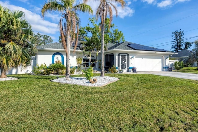 ranch-style house with a front lawn, a garage, and solar panels