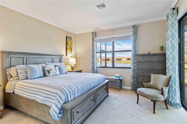 carpeted bedroom with a water view and crown molding