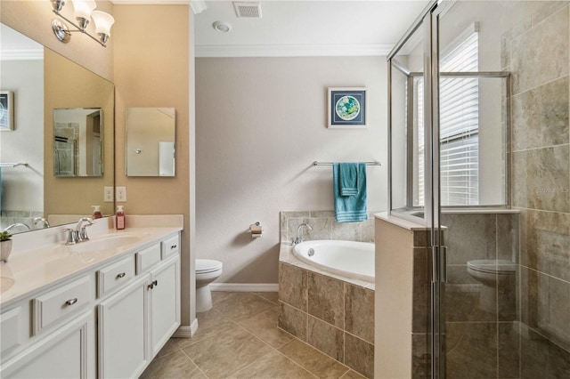 full bathroom with tile patterned floors, vanity, crown molding, independent shower and bath, and toilet