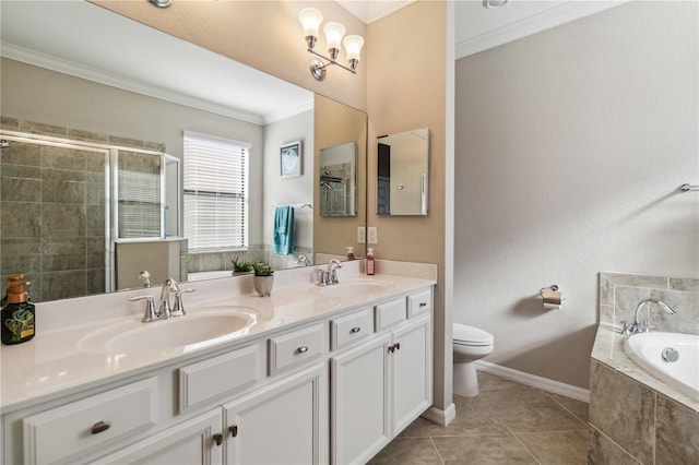 full bathroom with crown molding, tile patterned flooring, vanity, and toilet