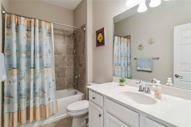 full bathroom featuring toilet, tile patterned floors, vanity, and shower / tub combo with curtain