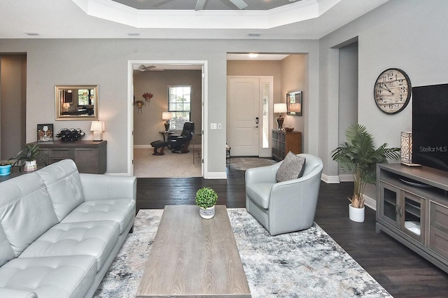 living room featuring a raised ceiling, ceiling fan, and dark wood-type flooring