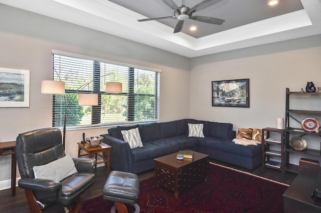 living room with a raised ceiling, ceiling fan, dark wood-type flooring, and crown molding