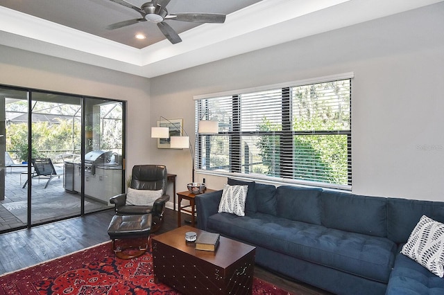 living room with a tray ceiling, crown molding, ceiling fan, and dark wood-type flooring