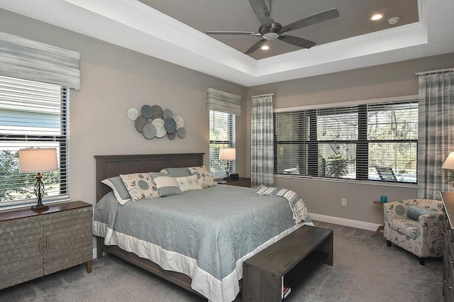 carpeted bedroom featuring ceiling fan, a raised ceiling, and multiple windows