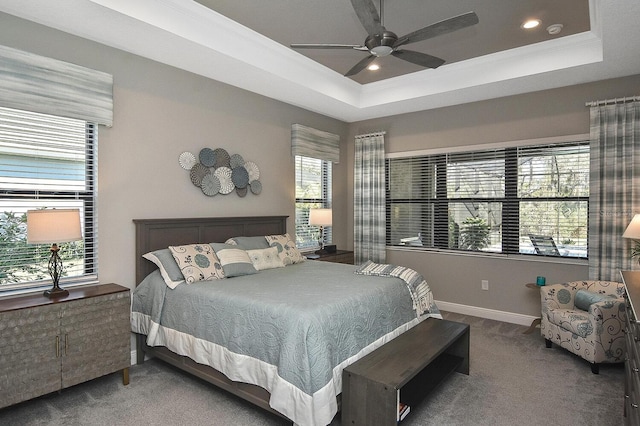 169 N Cayman Isles Blvd, Englewood, FL 34223 - carpeted bedroom featuring multiple windows, a raised ceiling, recessed lighting, baseboards, and crown molding