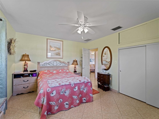 tiled bedroom featuring ceiling fan and a closet