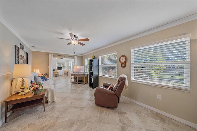 bedroom with ceiling fan, crown molding, and multiple windows