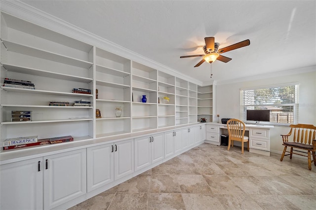 office with ceiling fan and ornamental molding